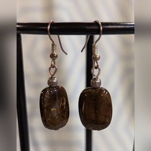 Handmade Earrings, Fishhook, Brown Stone